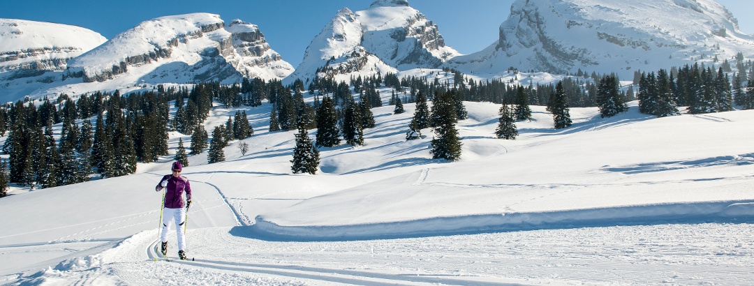 Cross-country skiing with view of the Churfirsten